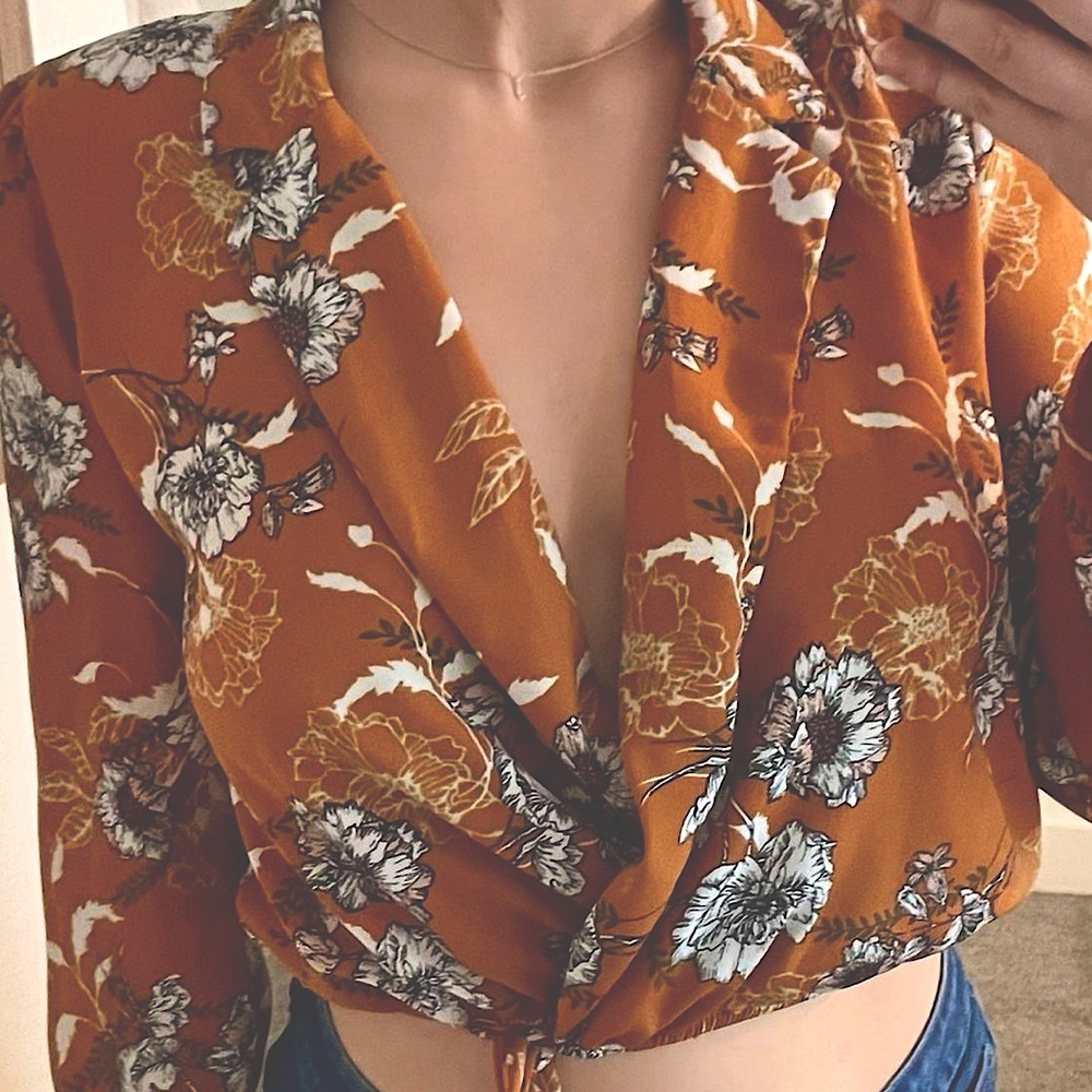 Sadie x Love Orange Floral Long-Sleeve Cropped Blouse